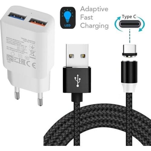 5V 2A 2 USB Ports wall Plug Charger Type C USB Magnetic Charging Cable For Samsung galaxy S9 S21 A12 Motorola G9 Play G Honor 9X