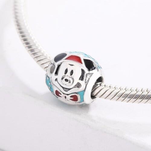 925 Sterling Silver Cartoon Character Colorful Enamel Mickey Avatar Round Beads Pendant Charm Bracelet DIY Jewelry Making