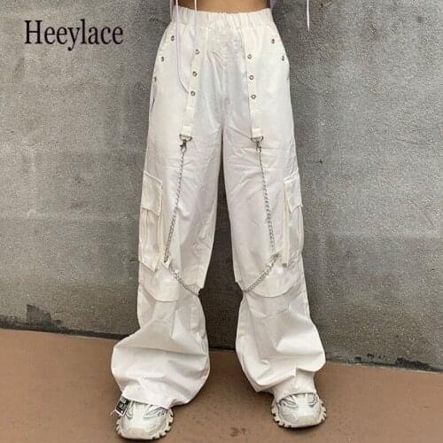 Harajuku Gothic White Cargo Pants With Chain Women Mall Goth Hippie Moda Punk Loose Baggy Oversize Korean Style Trousers