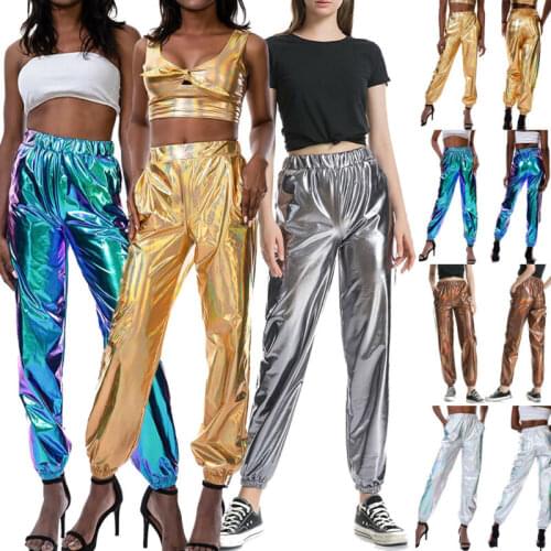 Metallic Shiny Jogger Pants Hip-Hop Women High Waist Holographic Color Trousers Fashion Solid Female Elastic Waist Harem Pants