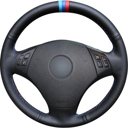 Black Natural Leather Light Blue Blue Red Marker Car Steering Wheel Cover for BMW E90 320 318i 320i 325i 330i 320d X1 328xi 2007