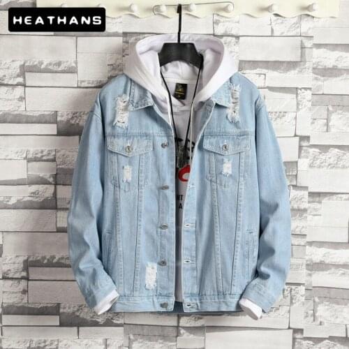 Autumn Winter Mens Hole Jean Jackets Street Fashion Denim Jacket Mens Korean Clothing Handsome Mens Casual Denim Jacket Clothes