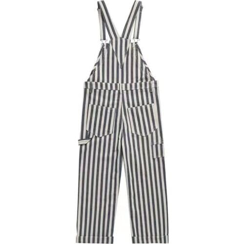 Vintage Cargo Denim Jumpsuit For Men Japan Style Navy Blue White Stripe Fresh Handsome Overall Trendy Streetwear Wide Leg Romper
