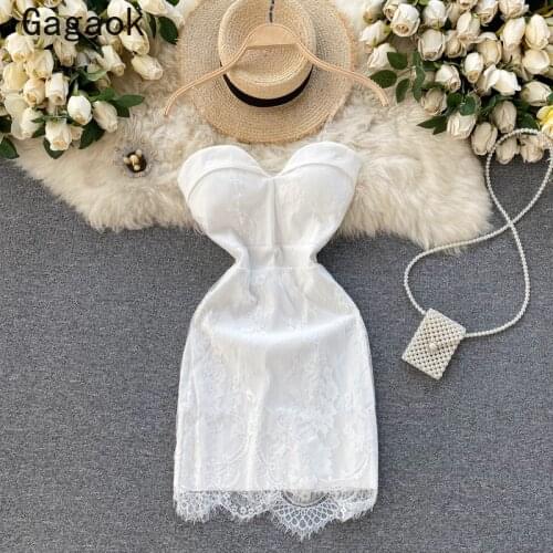 Gagaok Women Bodycon Dress 2021summer New V-Neck Strapless Lace Solid Mini Party Dresses Slim Fashion Bankless Wild Vestidos