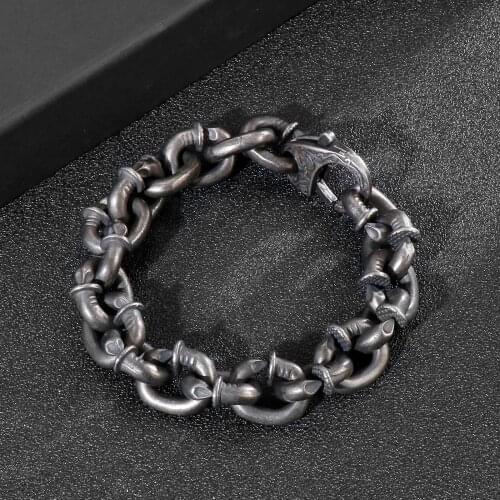 HaoYi 230MM Vintage Engraving Pattern Element Black And Gray Heavy Mens 316 Stainless Steel Chain Bracelet