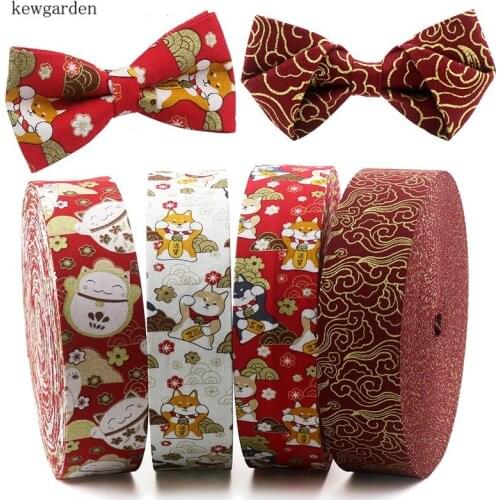 Kewgarden Cartoon Cat Fabric Layering Cloth Ribbons 2" 1" 3/8" DIY Bowknot Bow tie Ribbon Handmade Tape Riband 6Meter