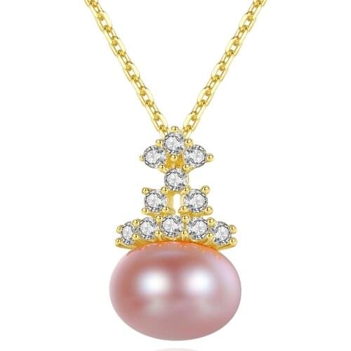 MetJakt S925 Sterling Silver Exquisite Crown Freshwater Pearl Pendant Micro Inlaid Zircon Fashion Elegant Womens Necklace
