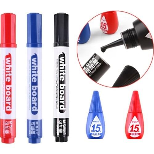 M&G Erasable Whiteboard Marker Pen 1 Pcs Blackboard + 1 Ink Bottle Set Office Markers Dry Erase Blue Black Red Office Supplies