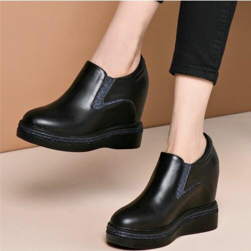 Fashion Sneakers Women Genuine Leather Wedges High Heel Round Toe Pumps Shoes Female Platform Oxfords Shoes Casual Shoes US 3-9