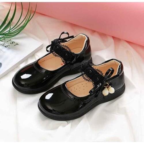 Childrens PU Leather Black Red Princess Girls Flat Dress Shoes Spring Autumn Party Wedding Appliques Moccasins Stage Dance Shoe