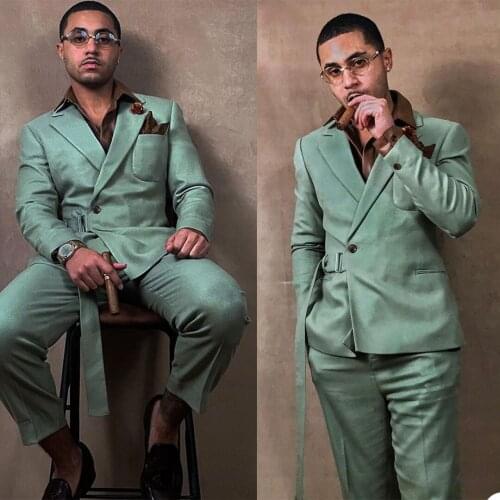 One Button Handsome Men Tuxedos Slim Fit 2 Pieces Custom Made With Belt Pocket Blazer Smart Casual Party Daily Jacket