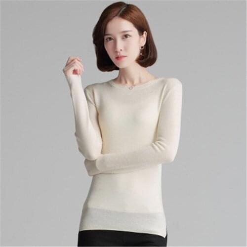 New fashion 100% wool solid knit women Oneck slim open hem pullover sweater black 4color M-XL retail wholesale