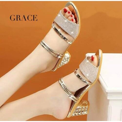 2020 Summer New Womens Slipper Chunky Heel Semi-High Heeled Fashion Sandals Open Toe Korean-Style Sexy All-match Sandals Women