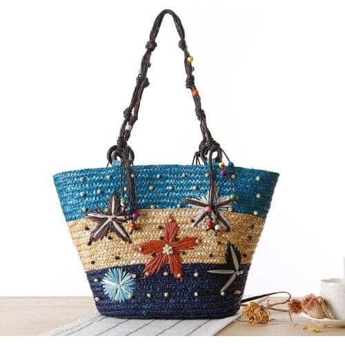 New Bohemian beach bag Hand embroidered Starfish Straw Bags Beaded Woven Women Shoulder Bag 01-SB-czbzhx