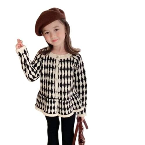 Autumn Girls Fashion Geometric Knitted Cute Sweater Ruffles Korean Style Toddler Kids Single-breasted Cardigan Baby Girl Clothes