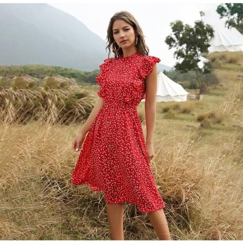 Dress Women Elegant Summer Floral Print Ruffle A-line Sundress Casual Fitted Clothes To Knees 2020 Red Dresses For Women