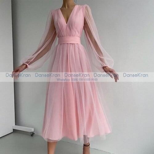 Transparent Long Puffy Sleeves Prom Dresses 2021 V-Neck Tea-Length Evening Dresses A-Line Long Chiffon Tulle Formal Dresses Gala