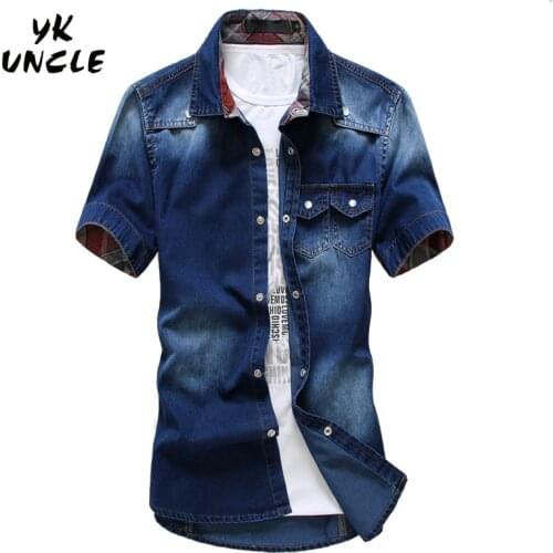 Plus Size 2016 Brand Men Jeans Shirt Cotton Short Sleeve Shirts Cowboy Camisas Mens s Patchwork Chemise Homme,YK UNCLE