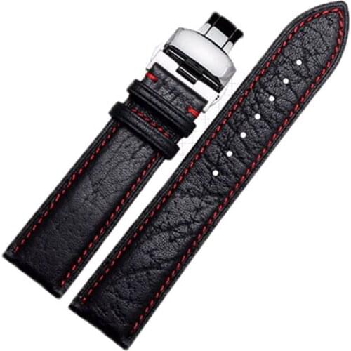Wholesale prices 20mm 22mm High Quality Genuine Leather Strap Watch Band Black& red Suture watchband for brand wristband