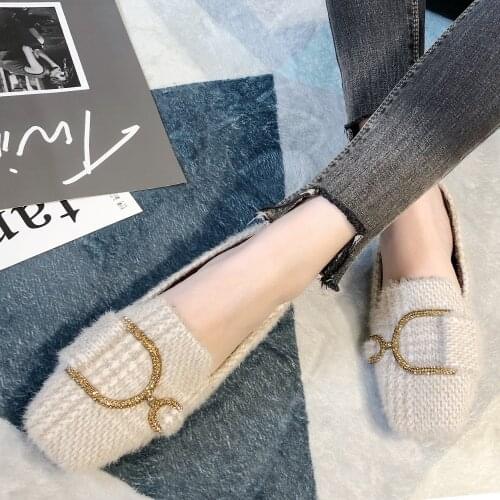 Crystal Winter Flat Loafers Square Toe Women Moccasins Ballet Flats Ladies Beige Mink Fur Flats Slip On Loafer