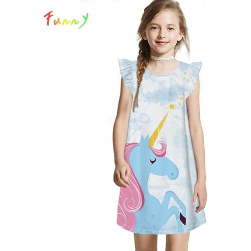 Cute Petal Sleeve Unicorn Dress O-Neck Knee Length Loose Summer Dress for Girls Clothes 10 12 Year Casual Girl Costume Kids