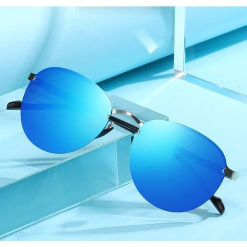 2020 New Rimless Round Polarized Sunglasses for Men & Women, Blue Mirror Lens TR90 Leg UV400 Protection Sun Glasses S608