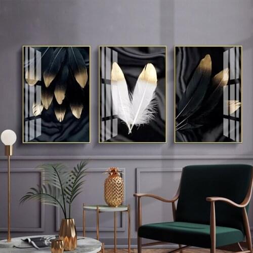 Modern Black and White Feather Canvas Painting Gold Feather Nordic Wall Art Combined Prints Picture for living room