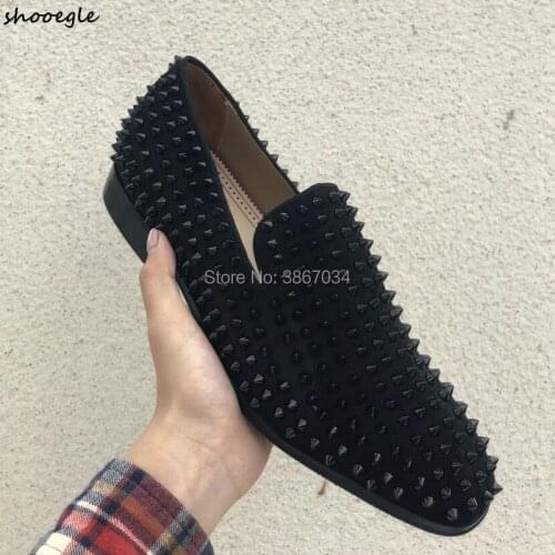 SHOOEGLE Casual Shoes Men Black Flats Rivets Studs Loafers Smoking Shoes Men Dandelion Spike Loafers Wedding Mens Shoes Fashion