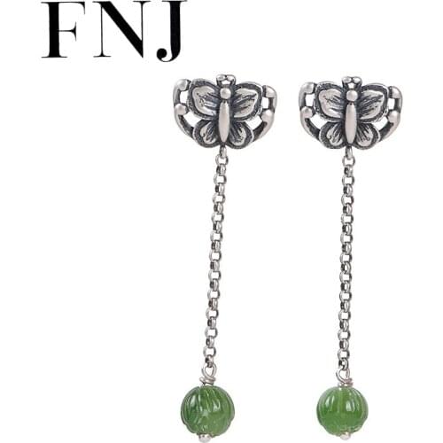 FNJ Butterfly Earrings 925 Silver Original Pure S925 Sterling Silver Drop Earring for Women Jewelry Tassel Jasper Ball