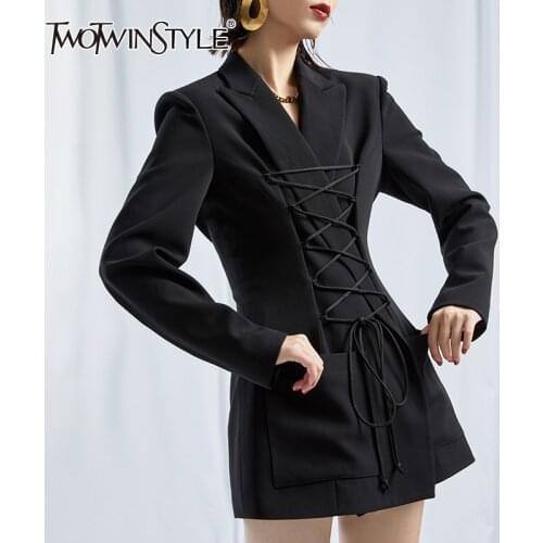 TWOTWINSTYLE Casual Tunic Bandage Blazers For Women Notched Long Sleeve Solid Korean Fashion Jackets Female Autumn 2021 Clothing