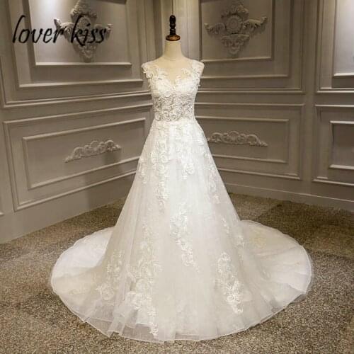 Lover Kiss Vestido De Noiva Boho Lace Wedding Dress 2020 Beaded A-Line Sheer O-Neck Beach Bohemian Wedding Gowns Robe De Mariee