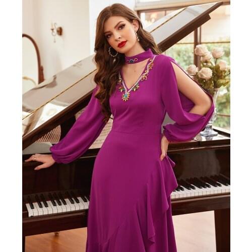 Women Dress Muslim Abayas One Piece V Neck Diaonds Fashion Arabic Turkish Islamic Clothing Elegant Party Outer Shoulder Dubai