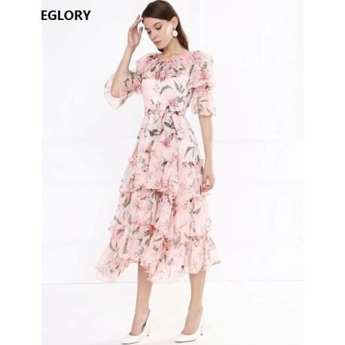 Sweet Pink Dress 2020 Spring Summer Casual Beach Women Sexy Off Shoulder Elegant Flower Prints Half Sleeve Mid-Calf Dress Sun