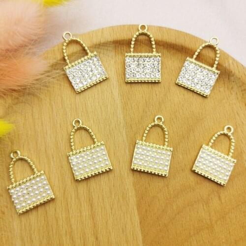 10Pcs Rhinestone Pearl Handbag Charms Golden Base Alloy Lady Bag Pendants For Craft Making Accessory Necklace Jewelry DIY Decor