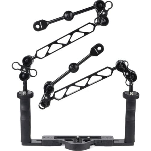 Dual Handle Tray/Grip Stabilizer Rig With Double Ball light Arm Ys Head and 1'' Ball Clamp Mount Set for Underwater Housings