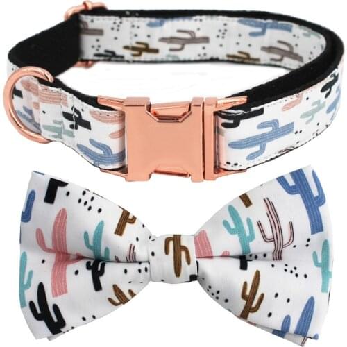 Cactus Personalized Laser Engraved Dog Collar bow tie with matching leash