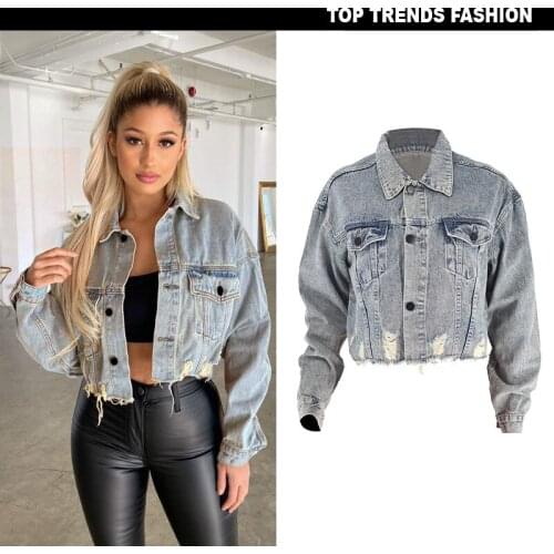 Spring summer womens fashion loose short denim jacket ripped fringed lapel single breasted jean coats female streetwear