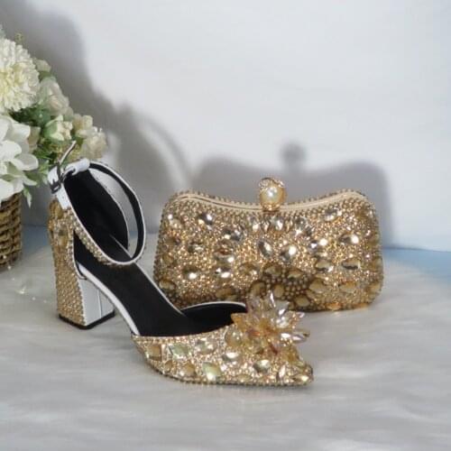 2021 New Golden crystal Wedding shoes with matching bags Rhinestone high heels ankle strap women party dress shoes