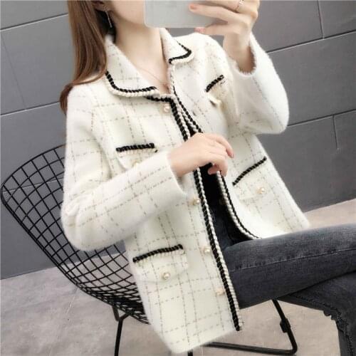 2021 new womens plaid Autumn mink fur woolen sweater coat womens autumn and winter ladies cardigan sweater
