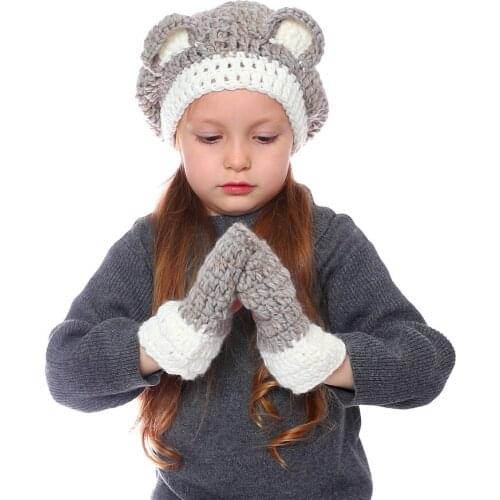 New hats childrens boys' and girls' hats cartoon bear knitted hats autumn and winter warm wool hats and glove set HT19037