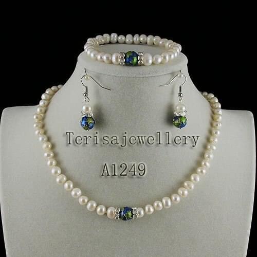 New White pearl AA 6-7MM Natural Fresh Water Pearls made with Star Cloisonne Necklace bracelet earring jewelry set A1249