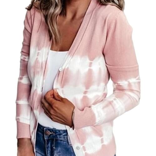 Women Autumn Long Sleeve Jacket Button Tie Dye Open Front Knit Cardigan Coat Womens Clothing