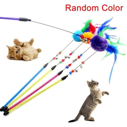 Pet Cat Kitten Teaser Bell Plush Ball Feather Playing Stick Wand Interactive Toy