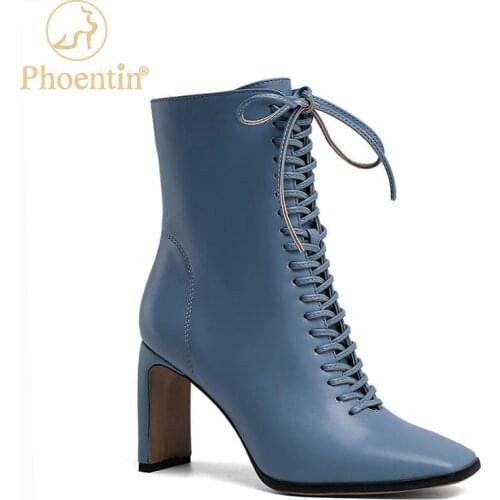 Phoentin blue womens autumn shoes 2020 vintage boots cross tied with zip beautiful womens shoes square toe brown FT1098