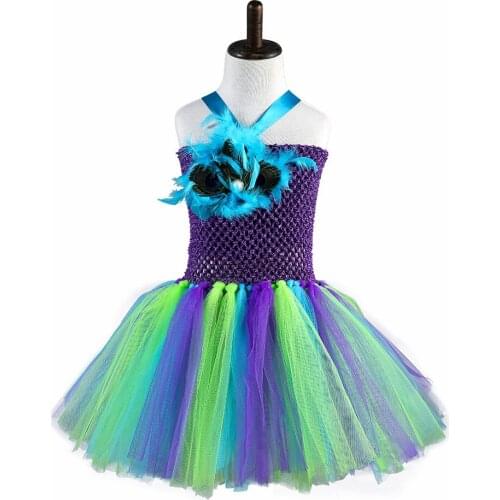 Princess Girls Peacock Dress For Birthday Party Handmade Feather Halloween Cosplay Baby Girls Fluffy Tulle Tutu Dress 2-10Y