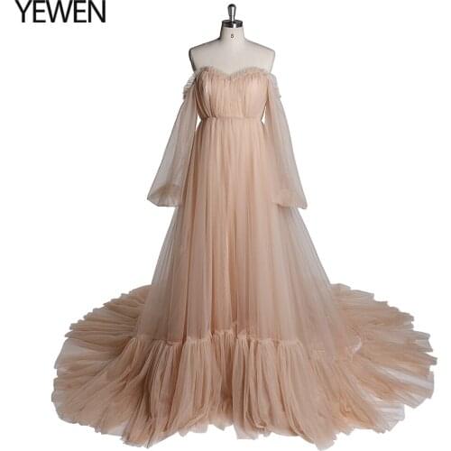 60cm Train Long Sleeve Prom Dress Off Shoulder A-Line Party Maxi Evening Dress YEWEN Photography Dresses