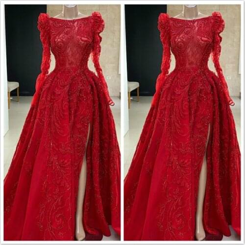 Red Beading Mermaid Prom Dresses Bateau Sheer Long Sleeve Appliques Evening Dress Party Red Carpet Formal Wear Ogstuff Wear
