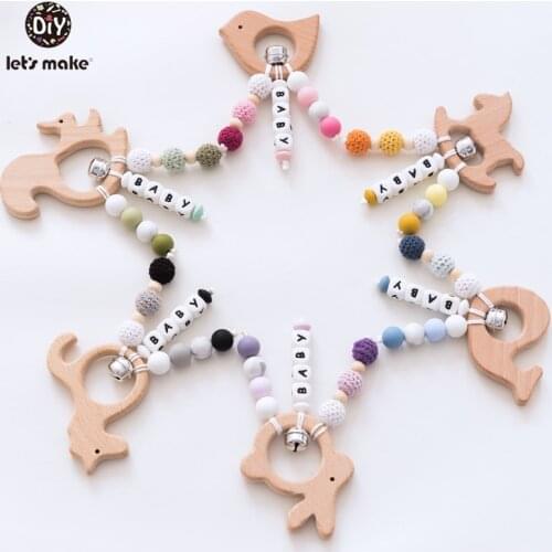 Lets Make Baby Personalized Name Rattle Beech Wooden Animal Rattle Crochet Beads Cotton Baby Toys Leaves Wood Teething Ring 1pc