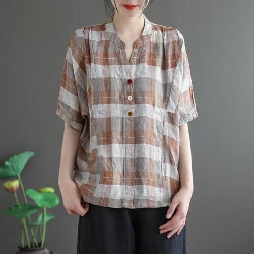 Casual Shirts Cotton Linen Plaid Loose Blouses Plus Size Femme Tops Summer New Arts Style Women V-Neck Short Sleeve