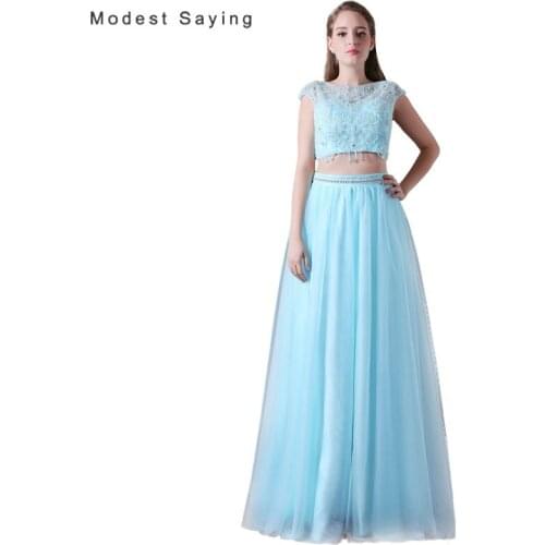Light Blue Evening Dresses 2018 with Beaded Top Sexy Backless A-Line Evening Gowns 2 Pieces Long Party Prom Gowns robe de soiree